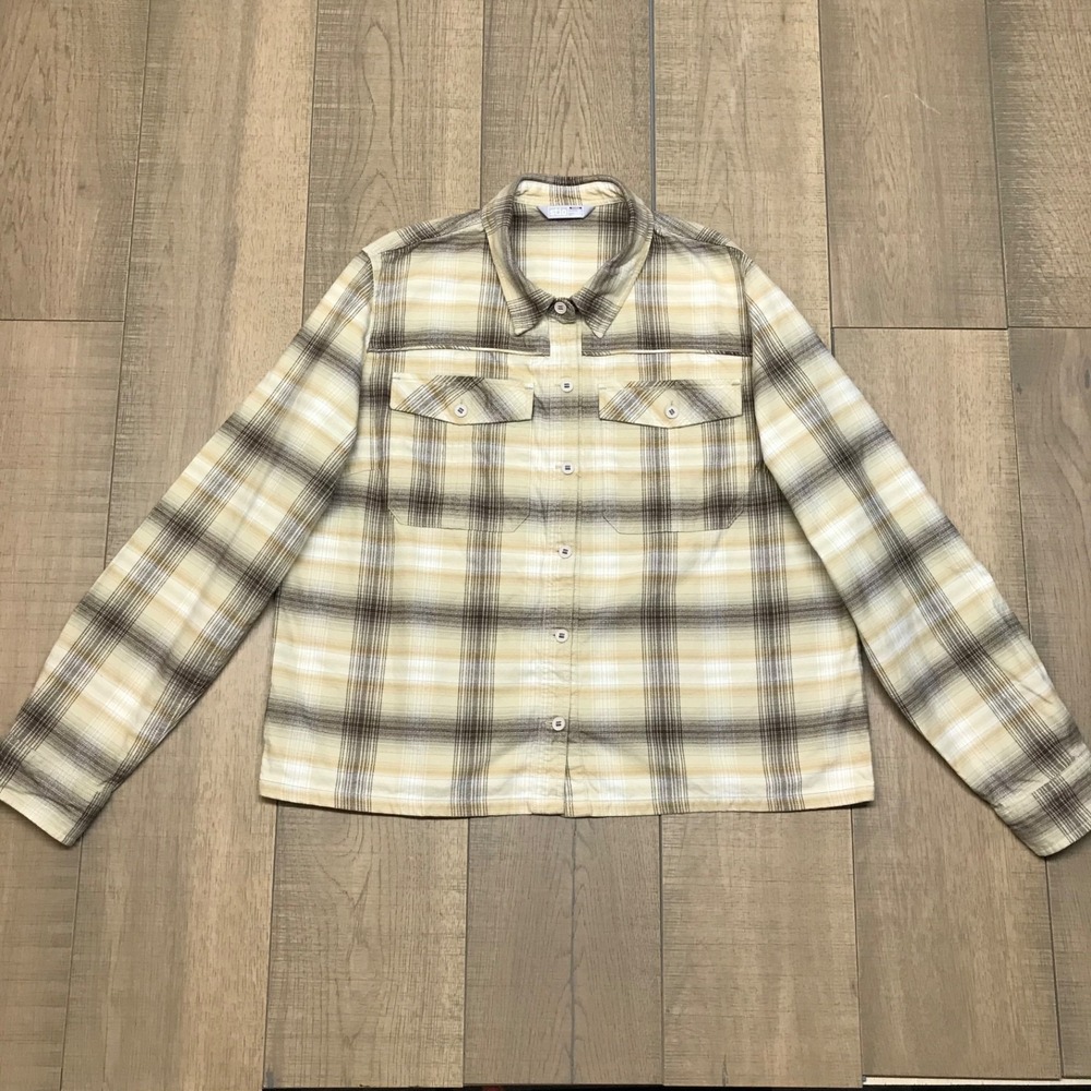 Stio Shirt Womens Size XL Yellow Plaid Button Up Long Sleeve Organic Cotton Camp